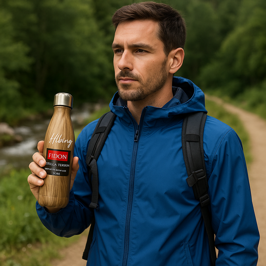 Thermo-Trinkflasche aus Edelstahl 750ml mit Holzstruktur